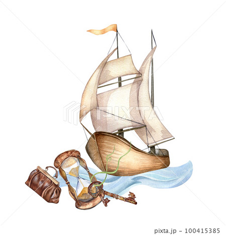 Composition of sailing ship vintage style watercolor illustration isolated on white. 100415385