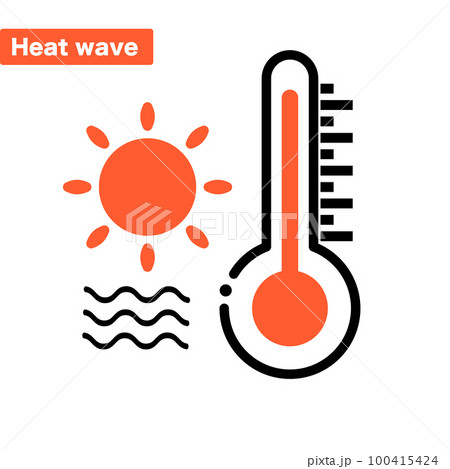猛暑の太陽と温度計のアイコンセット。ベクター。 100415424
