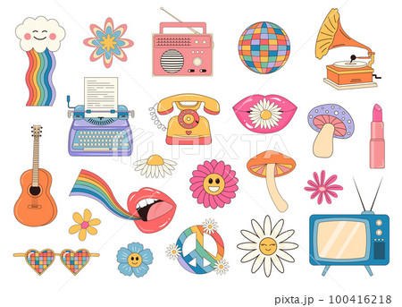 Retro 60s, 70s hippie psychedelic groovy set. 70s Nostalgic and floral stickers, badges. 100416218