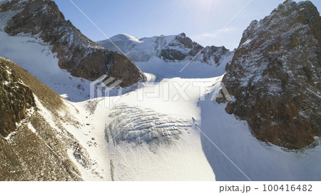 High snow capped mountains among large glaciers. 100416482