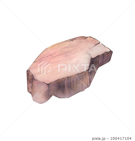 Watercolor drawing of grey-pink stone on white background. Realistically painted dark and light-pink pebble. Shades and colors make volume. Underwater nature for stickers, textile printings, logo.  100417104