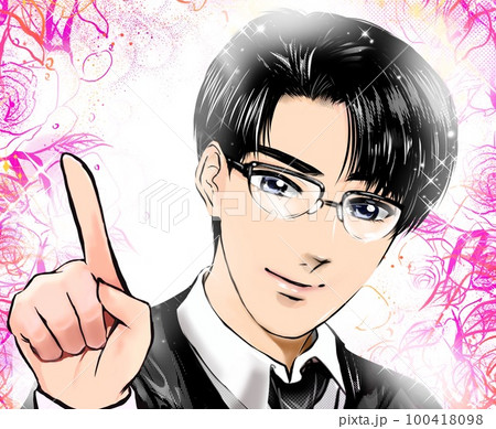 黒髪スーツメガネ姿のイケメン先生が優しく指差し教える漫画イラストと花園背景 100418098
