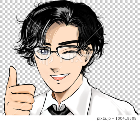 イケメンメガネ黒髪パーマ医師ナイス親指立ててハンドサインを笑顔でするイラスト イケメンメガネ黒髪パーマ医師ナイス親指立ててハンドサインを笑顔でするイラスト 100419509