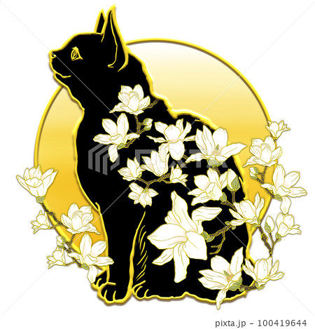 木蓮の花と猫_横顔_黒猫_背景黄色グラデーションのイラスト素材