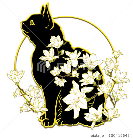 木蓮の花と猫_横顔_黒猫_背景透過のイラスト素材 [100419645] - PIXTA