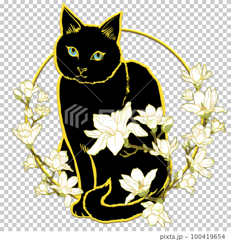 木蓮の花と猫_正面向き_黒猫_背景透過のイラスト素材 [100419654