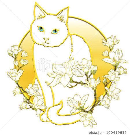 木蓮の花と猫_正面向き_白猫_背景黄色グラデーションのイラスト素材