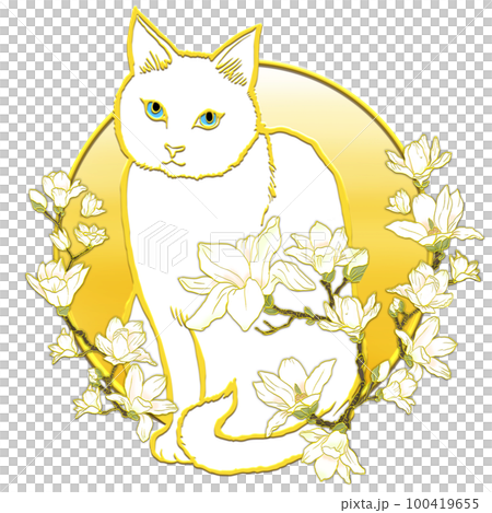 Magnolia flower and cat _ front facing _ white cat _ background yellow gradation 100419655