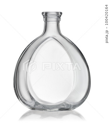 Front view of empty clear glass alcohol bottle Front view of empty clear glass alcohol bottle 100420164