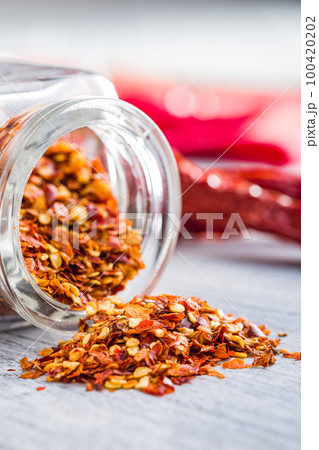 Dry chili pepper flakes. Crushed red peppers in jar on white table. 100420202
