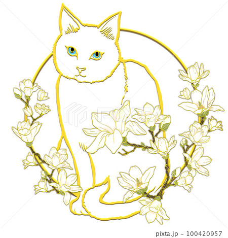 木蓮の花と猫_正面向き_白猫_背景透過 木蓮の花と猫_正面向き_白猫_背景透過 100420957