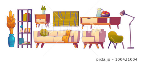 Living room cozy furniture cartoon vector set Living room cozy furniture cartoon vector set 100421004