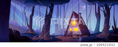 Cozy hut in night forest, cartoon illustration Cozy hut in night forest, cartoon illustration 100421032