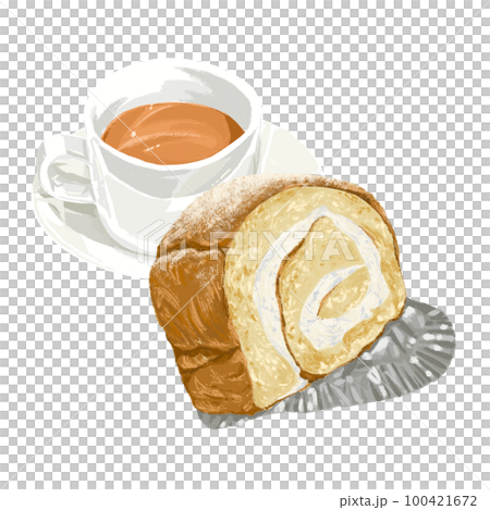 Analog illustration style roll cake and drink set 100421672
