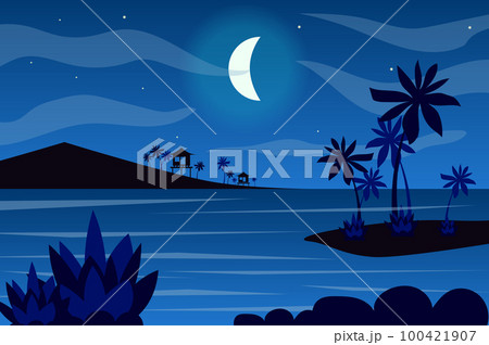 Moon over tropical islands landscape background in flat style. Moonlight at night sky, bungalow silhouettes, palm trees on seashore, seaside resort. Nature scenery. Vector illustration of web banner 100421907