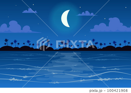 Moon over tropical island landscape background in flat style. Moonlight at night sky, palm trees on seashore, seaside resort, wave sea, ocean water. Nature scenery. Vector illustration of web banner 100421908