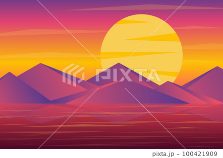 Sunset over mountains peaks landscape background in flat style. Huge sun over rock range, reflection in sea or ocean water, purple light after sunset. Nature scenery. Vector illustration of web banner 100421909
