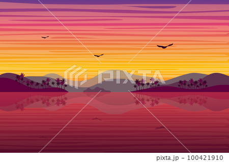 Sunset over tropical island landscape background in flat style. Hills with palm trees, sea or ocean coast, birds fly, purple evening after sunset. Nature scenery. Vector illustration of web banner 100421910