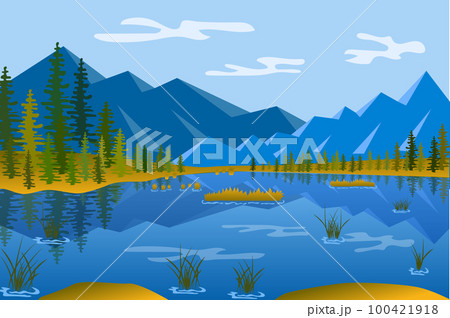 Lake in mountains landscape background in flat style. View of rock peaks, coniferous forest by lakeside. Travel vacation, hiking tourism outdoor. Nature scenery. Vector illustration of web banner 100421918