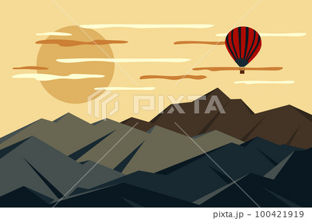 Hot air balloon flying over mountain range landscape background in flat style. Huge sun over rock peaks, wilderness area. Travel and vacation trip. Nature scenery. Vector illustration of web banner 100421919