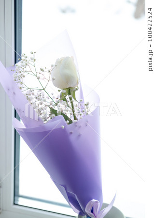 bouquet of white roses in purple packaging on...の写真素材