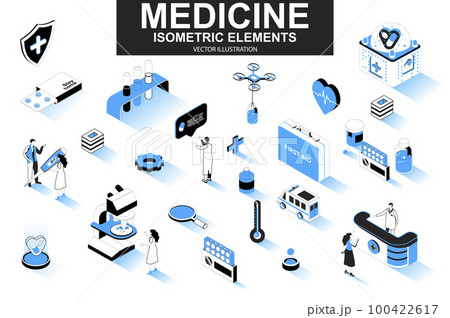 Medicine bundle of isometric elements. First aid kit, medicine, doctor, laboratory research, pharmacy industry, ambulance car isolated icons. Isometric vector illustration kit with people characters. 100422617