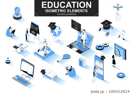 Education bundle of isometric elements. Academic cap, online library, studying student, distance learning, webinar, homework isolated icons. Isometric vector illustration kit with people characters. 100422624