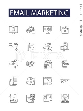Email marketing line vector icons and signs. Marketing, Campaign, Automation, Blast, Targeting, Services, Tactics, Content outline vector illustration set 100422631