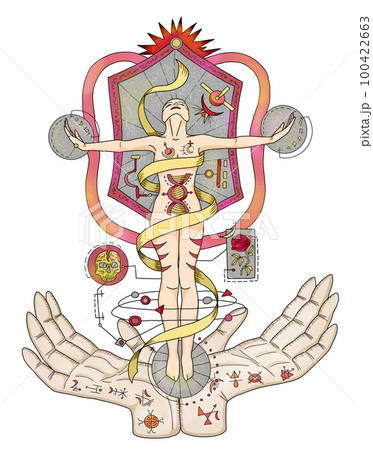 Mystic colorful styled illustration with occult, esoteric and gothic symbols of human silhouette and magic hands isolated on white, mysterious emblem and Halloween concept 100422663