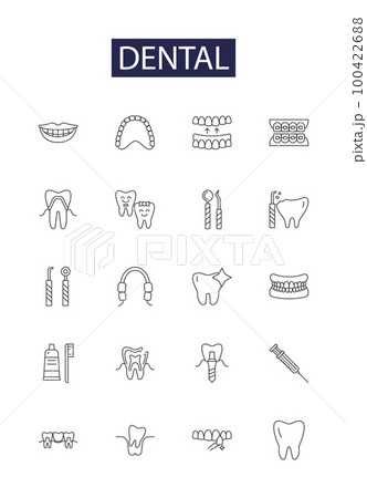 Dental line vector icons and signs. Cavity, Brushing, Flossing, Orthodontic, Crowns, Tartar, Vennering, Hygiene outline vector illustration set 100422688