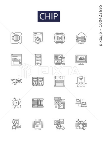 Chip line vector icons and signs. Chips, Computer, Circuit, Silicon, Card, Credit, Security, Processor outline vector illustration set 100422695