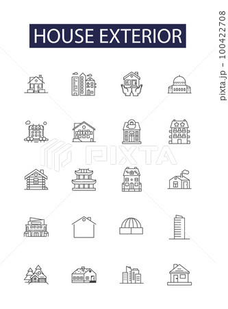 House exterior line vector icons and signs. House, Wall, Siding, Fence, Roof, Gutter, Door, Window outline vector illustration set 100422708