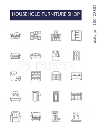 Household furniture shop line vector icons and signs. Household, Shop, Sofa, Table, Chair, Cabinets, Stools, Beds outline vector illustration set 100422809