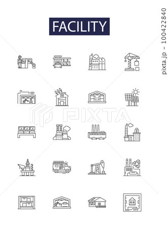 Facility line vector icons and signs. Building, Site, Complex, Place, Area, Room, Locale, Hall outline vector illustration set Facility line vector icons and signs. Building, Site, Complex, Place, Area, Room, Locale, Hall outline vector illustration set 100422840