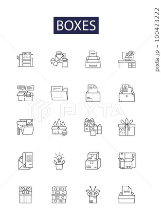 Boxes line vector icons and signs. Cartons, Containers, Crates, Cases, Packets, Pouches, Compartments, Cellophane outline vector illustration set 100423222
