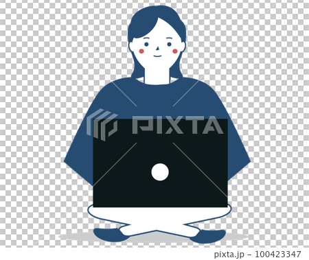 一個女人盤腿坐著,在電腦前工作。在計算機上檢查的矢量插圖 一個女人盤腿坐著,在電腦前工作。在計算機上檢查的矢量插圖 100423347