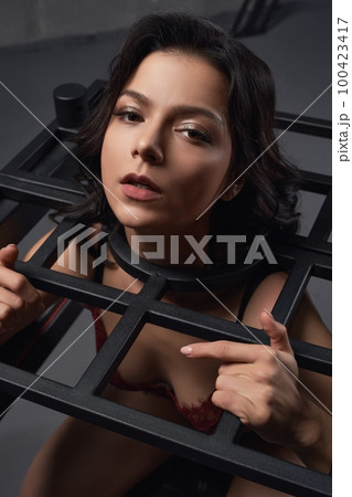 Lust brunette caught in metal BDSM cage 100423417