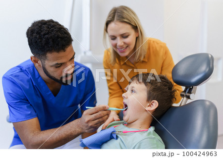 Liitle boy sitting on a dentists chair during dentist examination. 100424963