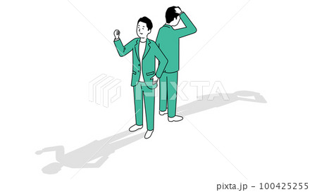 喜ぶ男性と悲しむ男性の背中合わせのイラスト、ベクター 喜ぶ男性と悲しむ男性の背中合わせのイラスト、ベクター 100425255