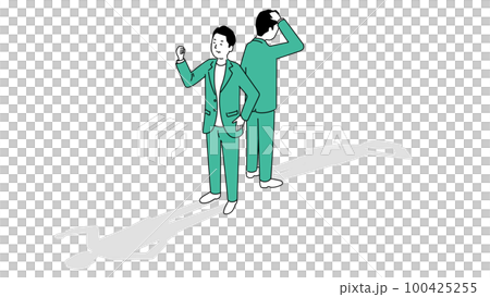 喜ぶ男性と悲しむ男性の背中合わせのイラスト、ベクター 喜ぶ男性と悲しむ男性の背中合わせのイラスト、ベクター 100425255