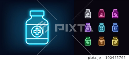 Outline neon drug bottle icon set. Glowing neon pill bottle sign, home first aid medicaments. Medical prescription and cure, painkiller pills, pharmacy remedy, vitamins, drugstore. 100425763