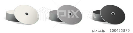 Three CD or DVD blank template white, grey and black for presentation layouts and design. 3D rendering. Three CD or DVD blank template white, grey and black for presentation layouts and design. 3D rendering. 100425879