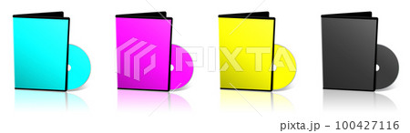 DVD box blank template black, cyan, yellow and magenta (CMYK) for presentation layouts and design. 3D rendering. DVD box blank template black, cyan, yellow and magenta (CMYK) for presentation layouts and design. 3D rendering. 100427116