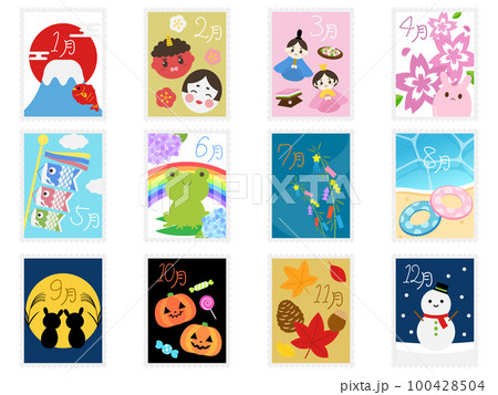 切手風カレンダーアイコン12種セット 切手風カレンダーアイコン12種セット 100428504