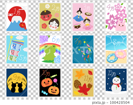 切手風カレンダーアイコン12種セットのイラスト素材 [100428504