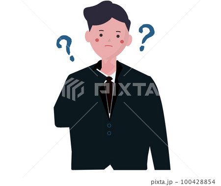 首を傾げるビジネスマン はてな 疑問を持つスーツ姿の男性 ベクターイラスト	 100428854