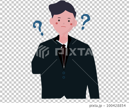 首を傾げるビジネスマン はてな 疑問を持つスーツ姿の男性 ベクターイラスト	 100428854