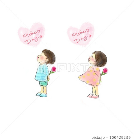 母の日にカーネーションをプレゼントしようとする男の子と女の子のイラスト 母の日にカーネーションをプレゼントしようとする男の子と女の子のイラスト 100429239