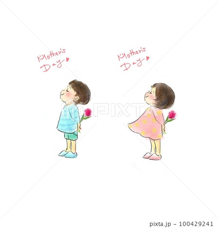 母の日にカーネーションをプレゼントしようとする男の子と女の子のイラスト 100429241