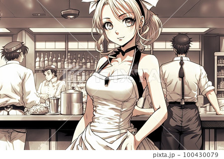 A manga waitress beautiful girl, manga style illustration generative ai A manga waitress beautiful girl, manga style illustration generative ai 100430079